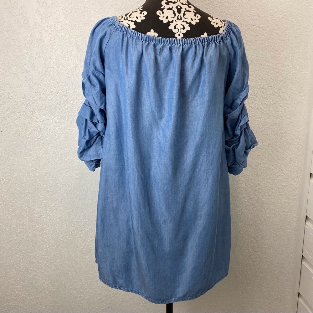 Zara Ruffle Sleeve Chambray Denim Off Shoulder Dress - Picture 14 of 16